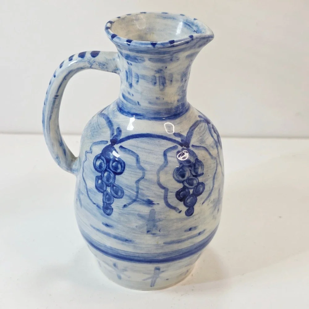 Vintage Hand Painted Blue White Ceramic Grape Pitcher Scalloped Rim Studio Art